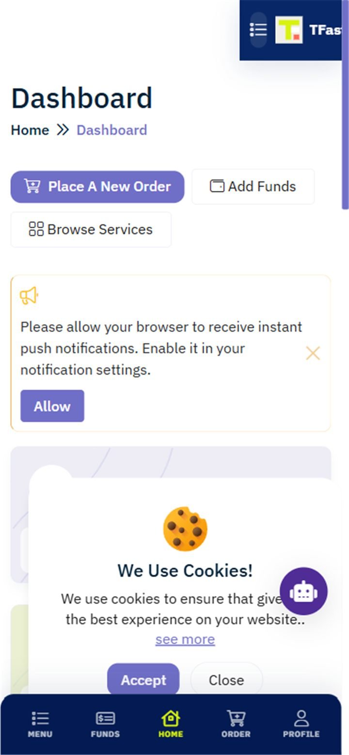 The customer dashboard with balance and orders
