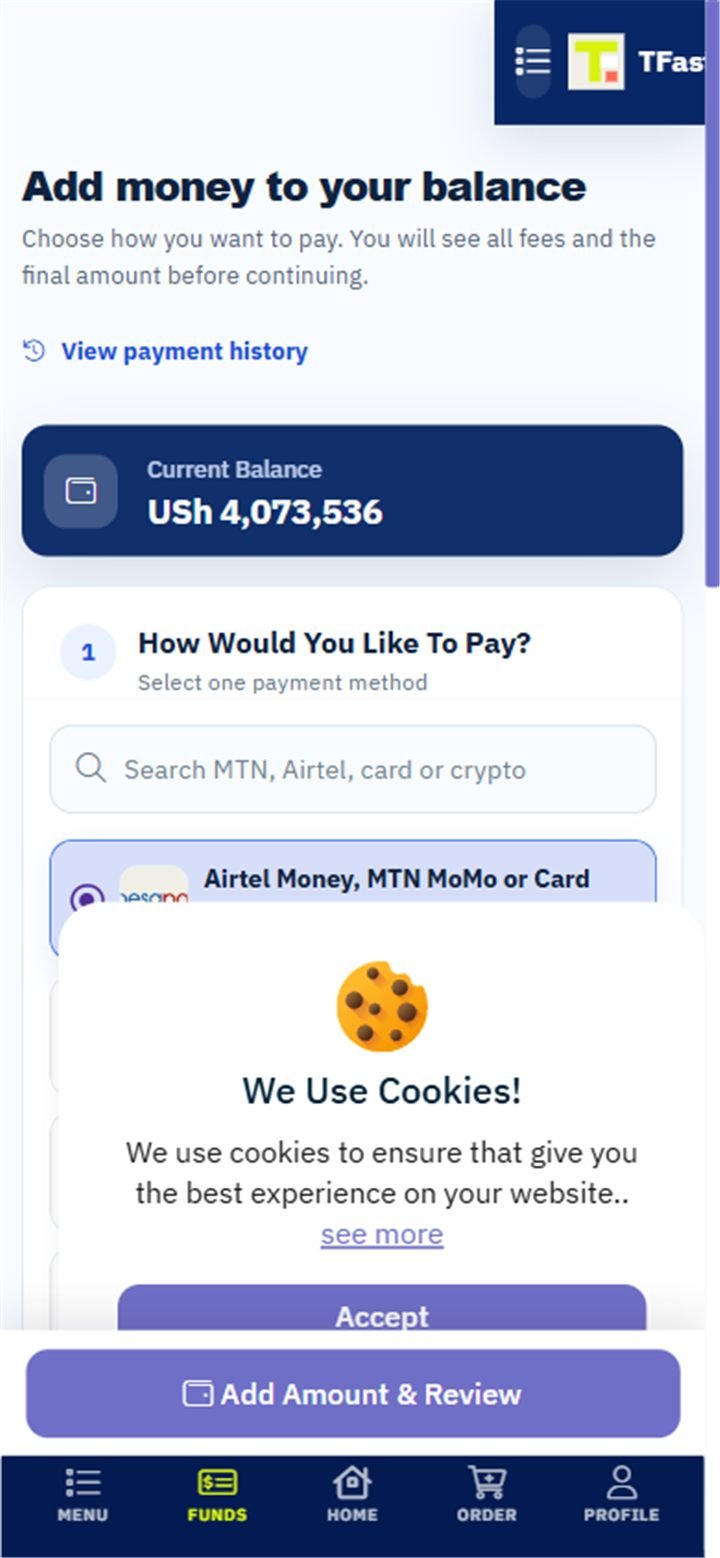 Add funds page with payment methods