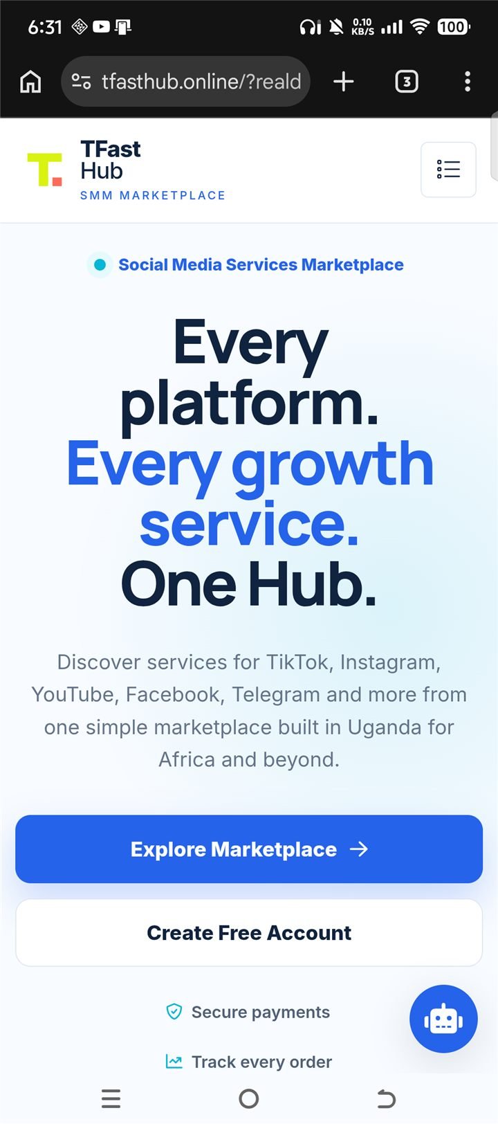 TFast Hub homepage on a phone