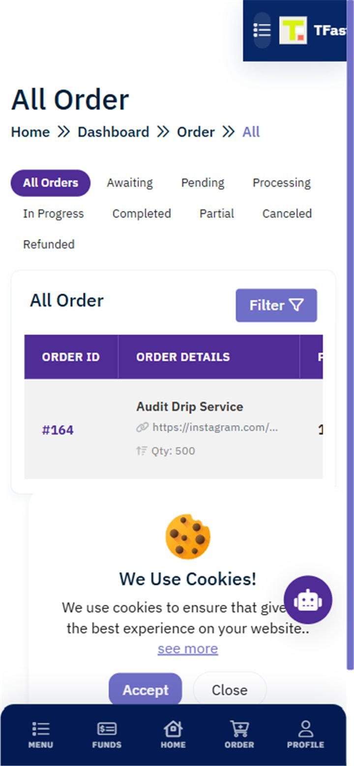 Orders list with an unpaid order showing Pay Now and cancel options
